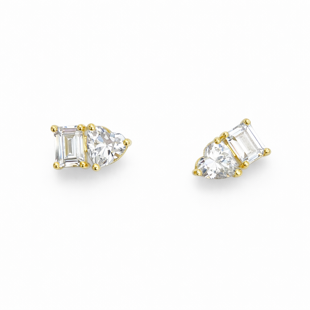 Emerald & Heart Zirconia Stud Earrings