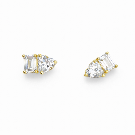 Emerald & Heart Zirconia Stud Earrings