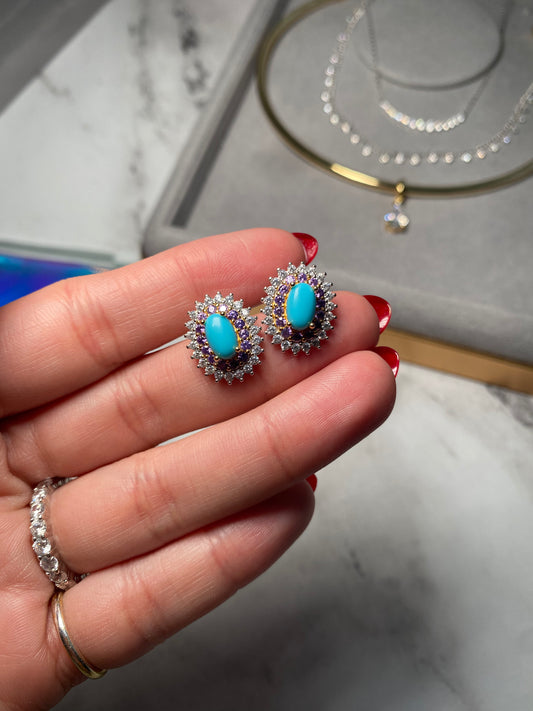 Oval Turquoise Halo Stud Earrings